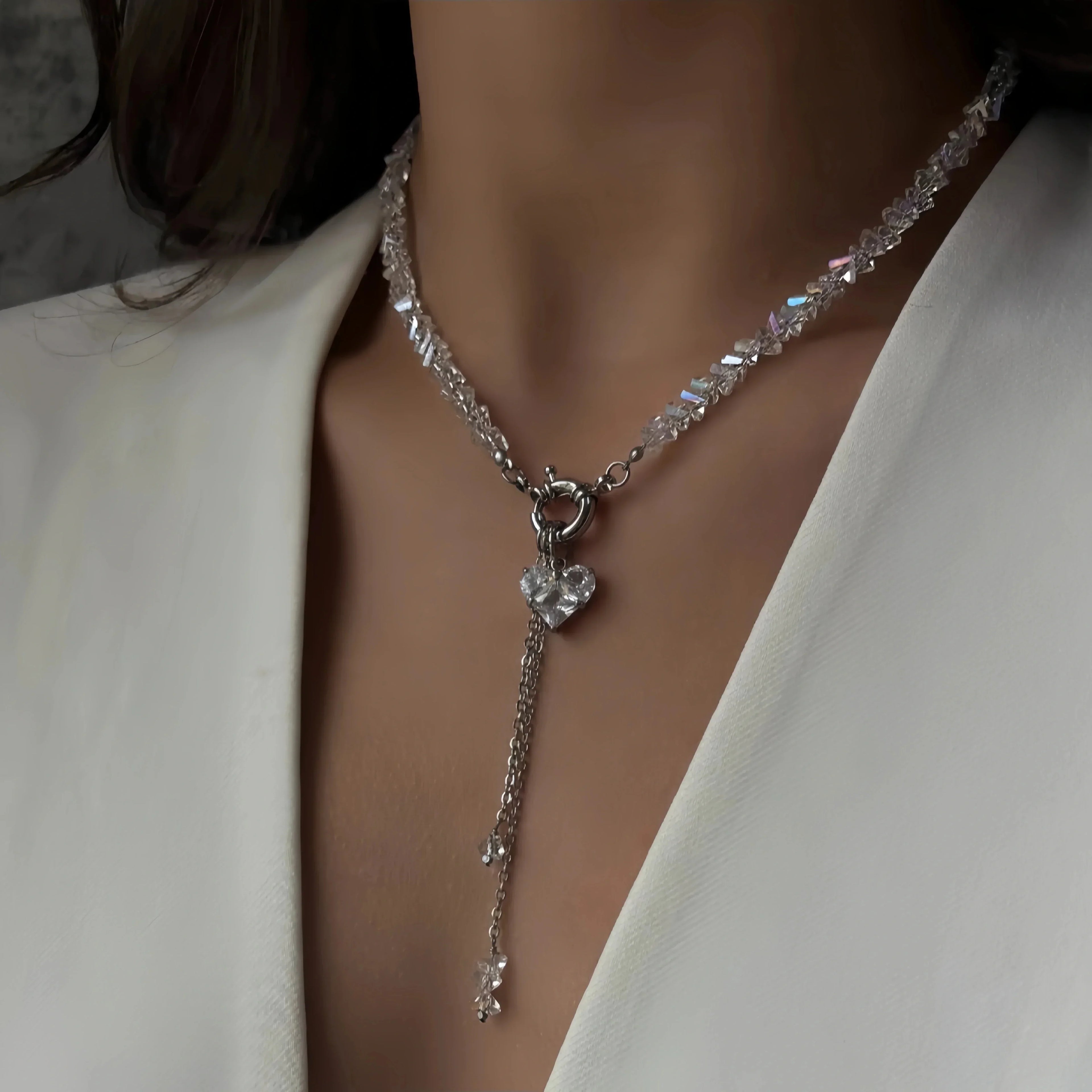 Fashion Vintage Black Geometric Crystal Chain Zircon crystal Heart-shaped Pendant Necklace For Women Female Boho Jewelry Neelry