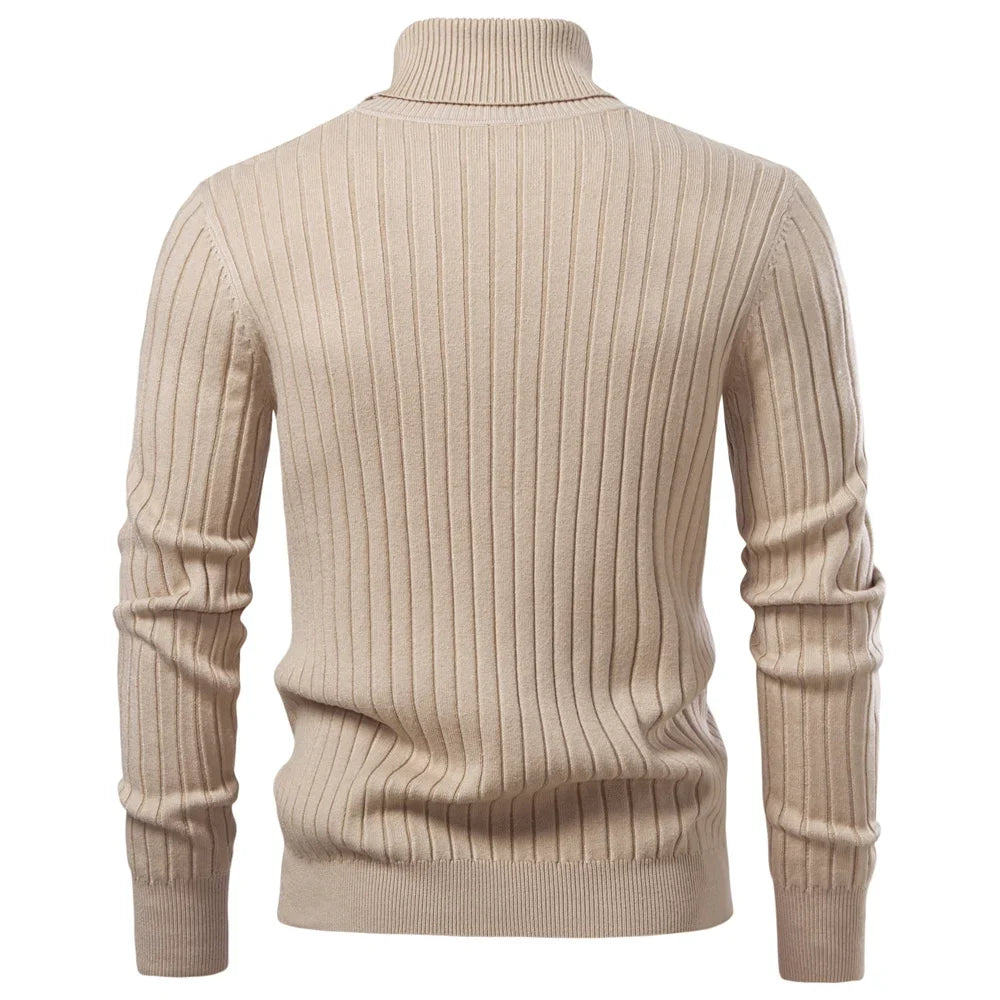Men's Turtleneck Sweater Solid Color with Striped Pullover Warm Knitwear Winter Basic Casual High Quality Sweater Male