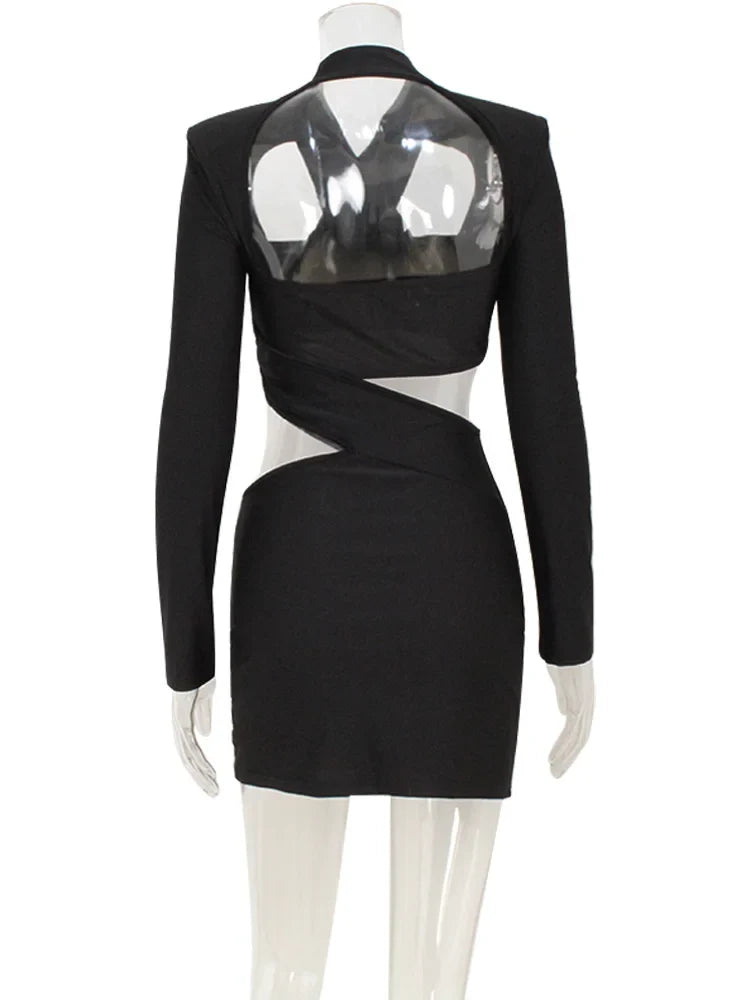 Sexy Club Women's Mini Dresses Solid Hollow Out V-Neck Regular Long Sleeves Sheath Bodycon Slim Fit Streetwear Vestidos