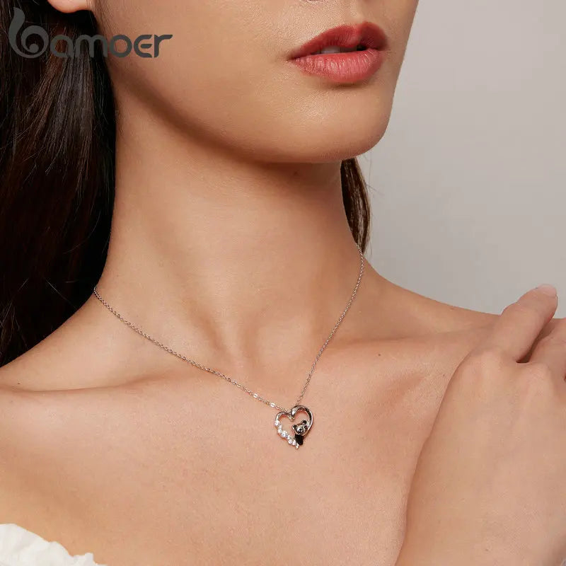 925 Sterling Silver Baby Panda Crystal Necklace Enamel Cute Animal Charm Chain Link for Women Gift 17.71'' SCN453