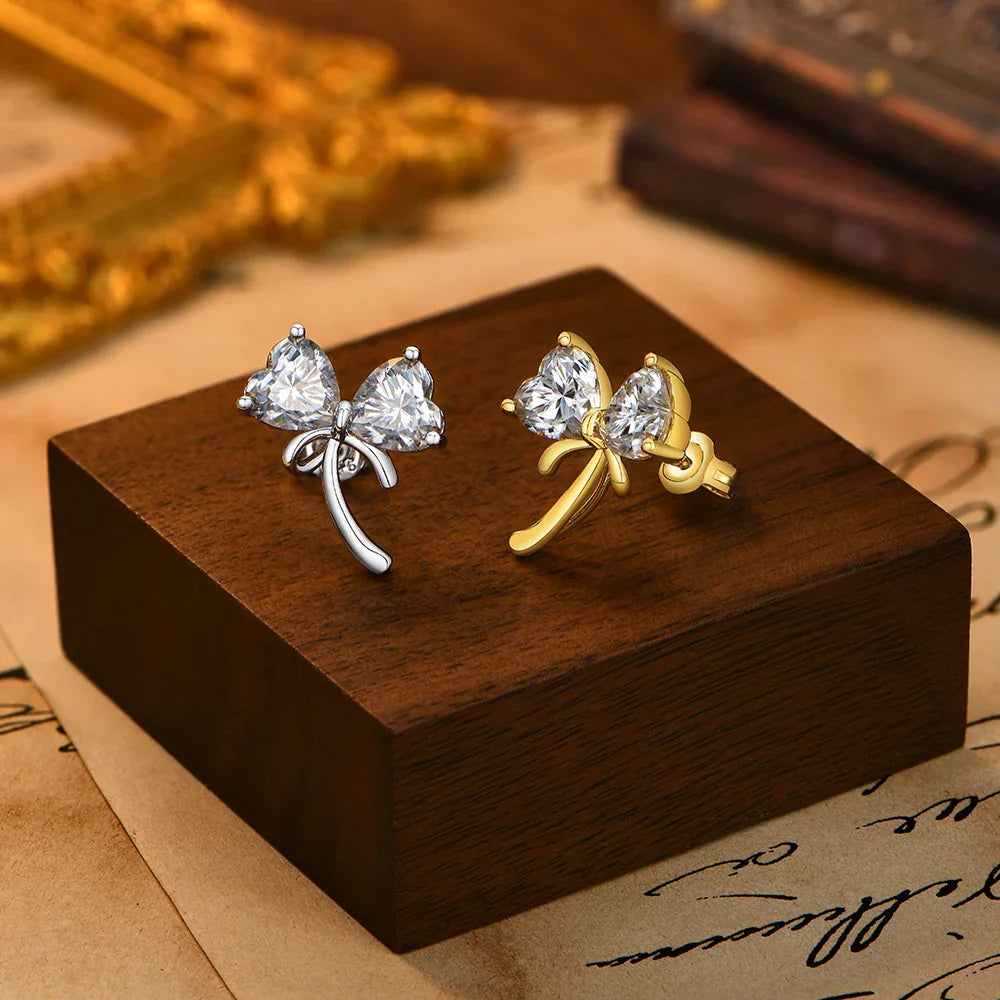 Original Bow Earrings S925 Silver Heart Cut Moissanite Stud Earring for Women Romantic Dainty Party Jewelry Gift Choice