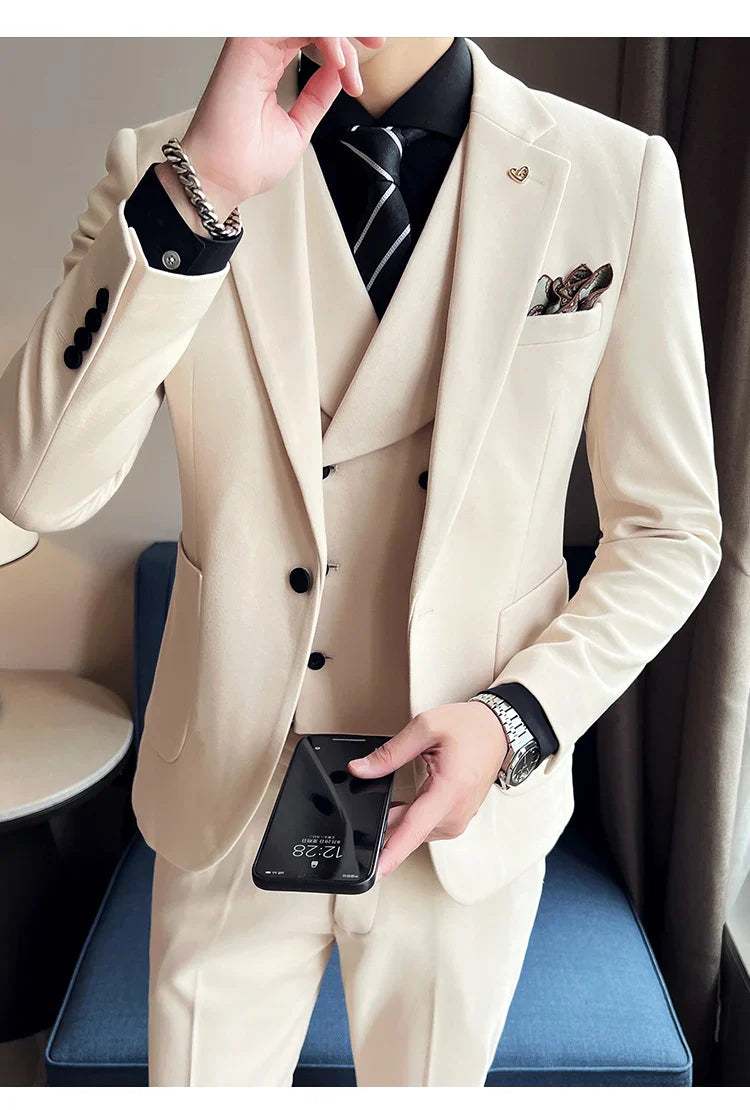 2025 Autumn Winter New Thickened Warm Woolen Blazer Set for Men Korean Version Slim Fit Groom Best Man Wedding Suit Formal Wear