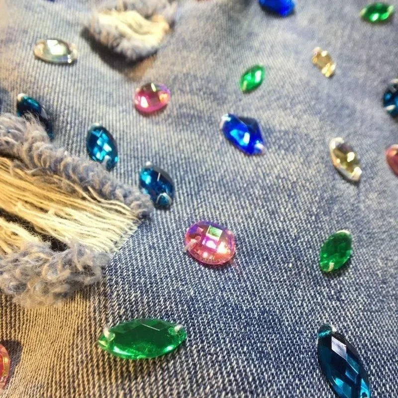 2025 Summer Short Pants High Waist Jeans Hole Shorts Women Stretch Distressed Washed Diamonds Streetwear Straight Denims