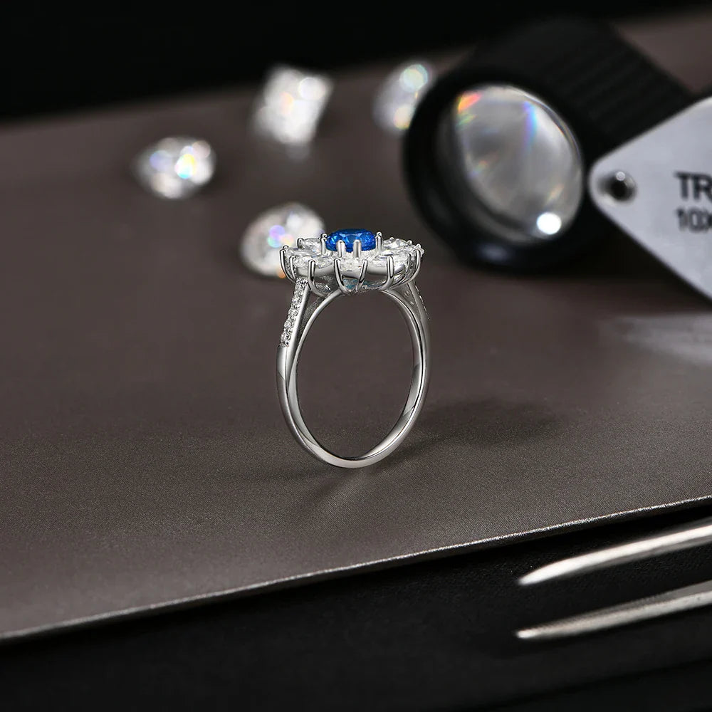 2024 D VVS1 Pear Cut Moissanite Rings Lab Blue Zircon for Women S925 Sterling Silver Flower Jewelry Birthday Party Gift