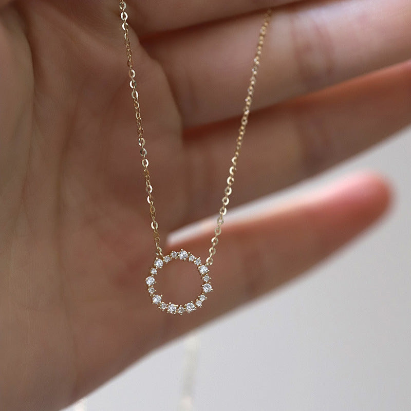 -100% S925 Sterling Silver Plated 18K Gold Necklace with Full Diamond Circle Style Japanese and Korean K Gold Collar Chain