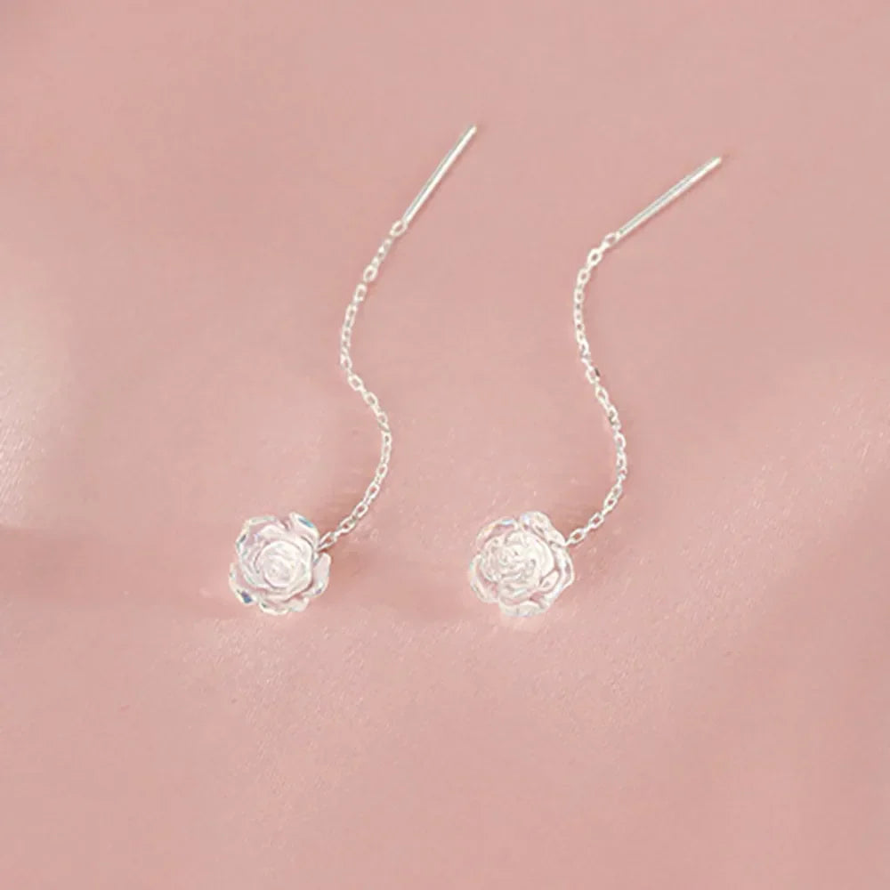 Minimalism Romantic Sterling Silver Rose Flower Pendant Ear Thread Versatile Girl Commuting Dangle Earrings Temperament Jewelry