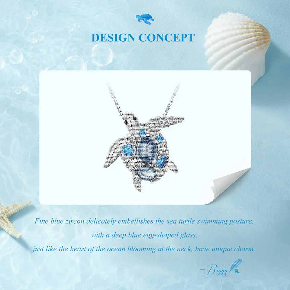 925 Sterling Silver Blue Spinel Sea Turtle Pendant Necklace Pave Setting CZ for Women Valentine's Day Gift