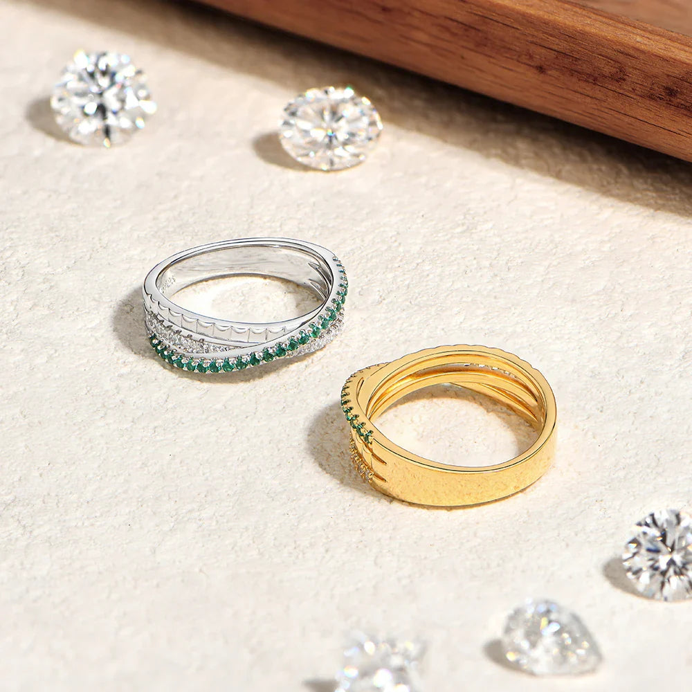 Stacking Crossed Wedding Rings 925 Sterling Silver Lab Zambian Emerald White Zircon Women's Ring for Party Fine Jewelry