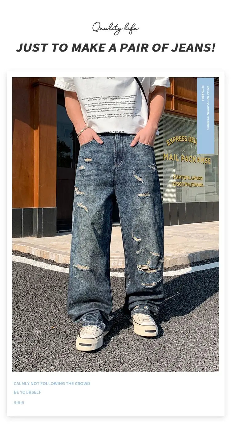 American-style distressed wide-leg jeans, loose-fitting washed and distressed straight-leg jeans, trendy brand.