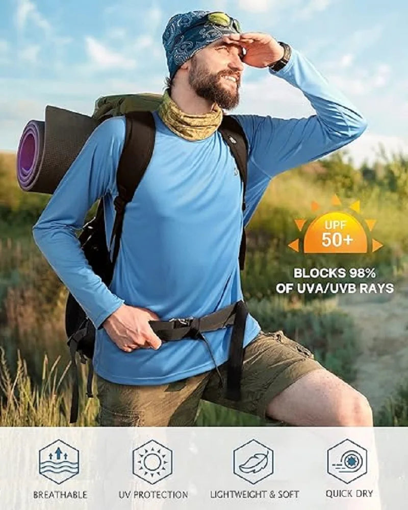 Mens UPF 50+ UV Sun Protection Shirts Outdoor Long Sleeve SPF Rash Guard for Fishing Hiking Swimming Running Compression Shirt