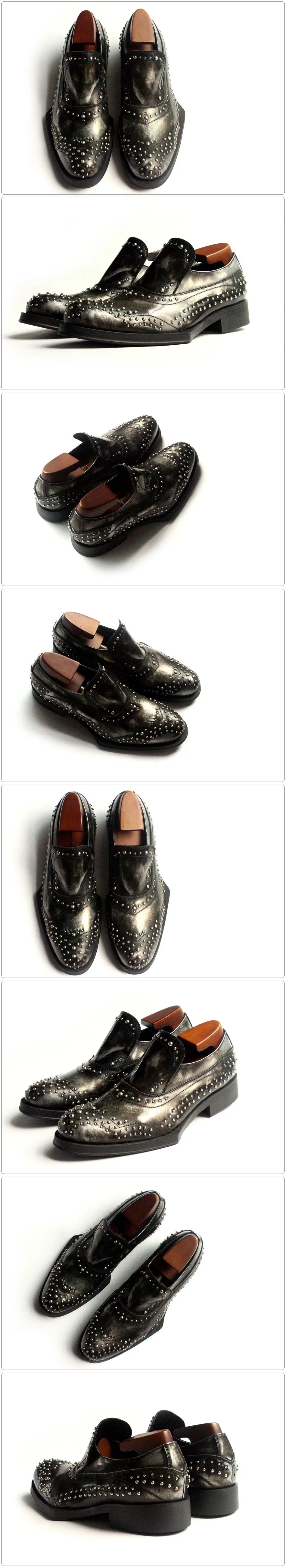 New Shaped Heel Fashion Rivets Leather Shoes Men Handmade Genuine Leather Dress Slip on Loafers Oxfords Office Male Shoes