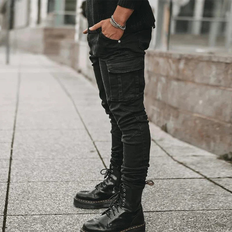Pants Wash Solid Color Multi Pockets Denim Mid Waist Cargo Jeans