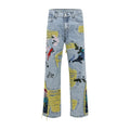 Chinese Painting Embroidered Patch Denim Ripped Jeans for Men Streetwear Pleated Tassels Distressed Destroyed Jean Straight Male