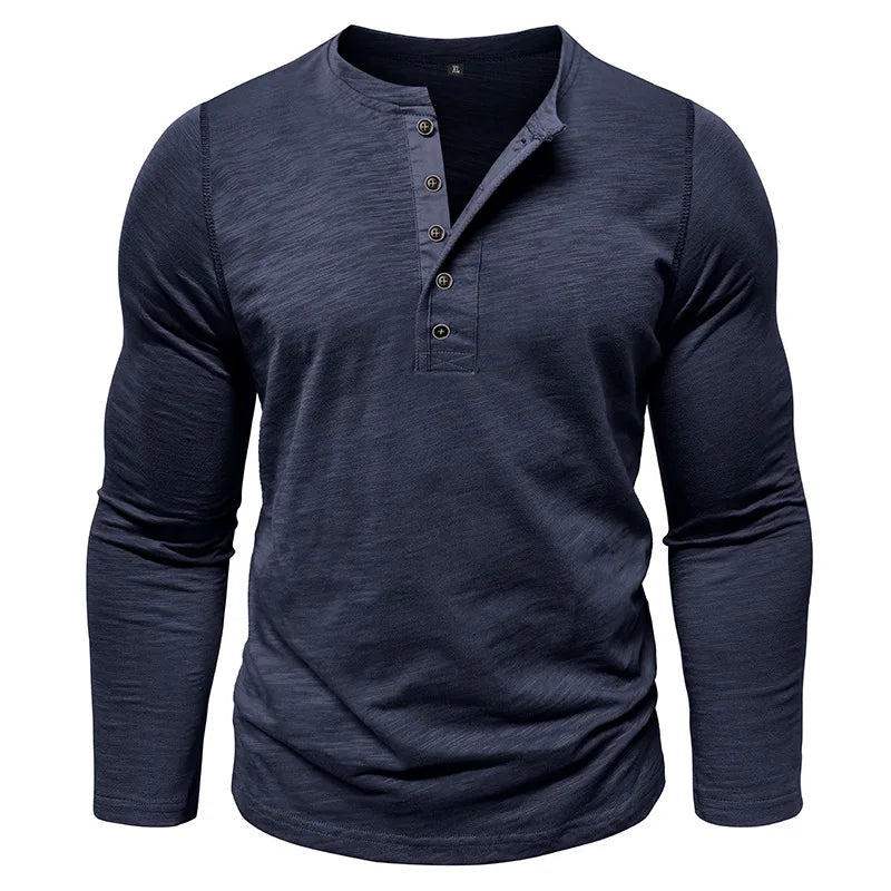New Autumn Long Sleeve T-Shirt Mens Casual Solid Color Top Henley Neck Slim Versatile Work T-shirt Breathable Outdoor Thin Tee