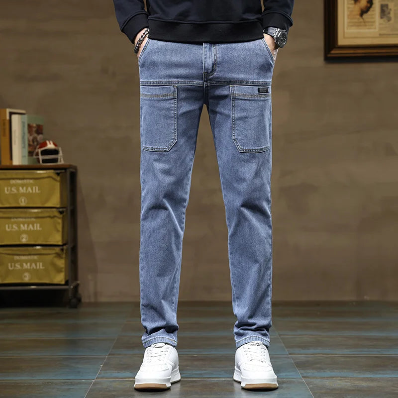 Versatile Six-Pocket Design Jeans Men's Loose Straight Leg Pants Stretchy Comfortable for Outdoor Hiking Activities All Seasons