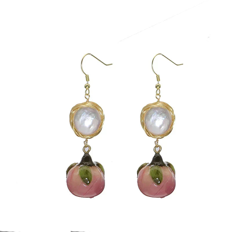 Natural Freshwater Pearl Enamel Resin Flower Earrings Korean Style Women's Luxury Vintage Jewelry Fashion Ladies and Girls Gift