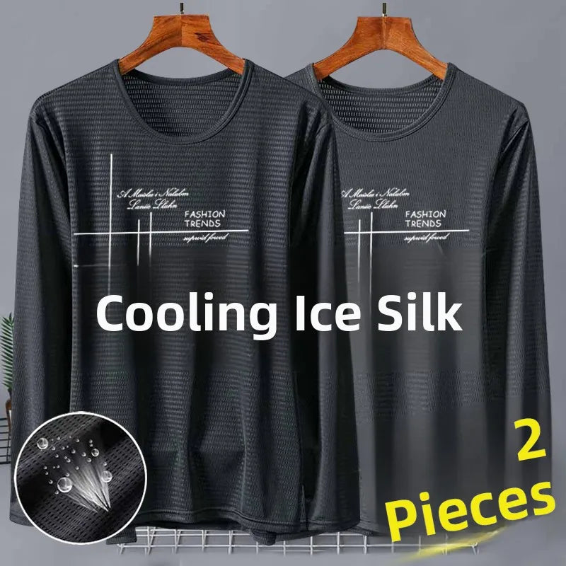 New 2025 Men's Ice Silk Breathable Sun Protection Hollow out Thin Long Sleeve Casual Sports T-Shirt Large Size Loose Fit