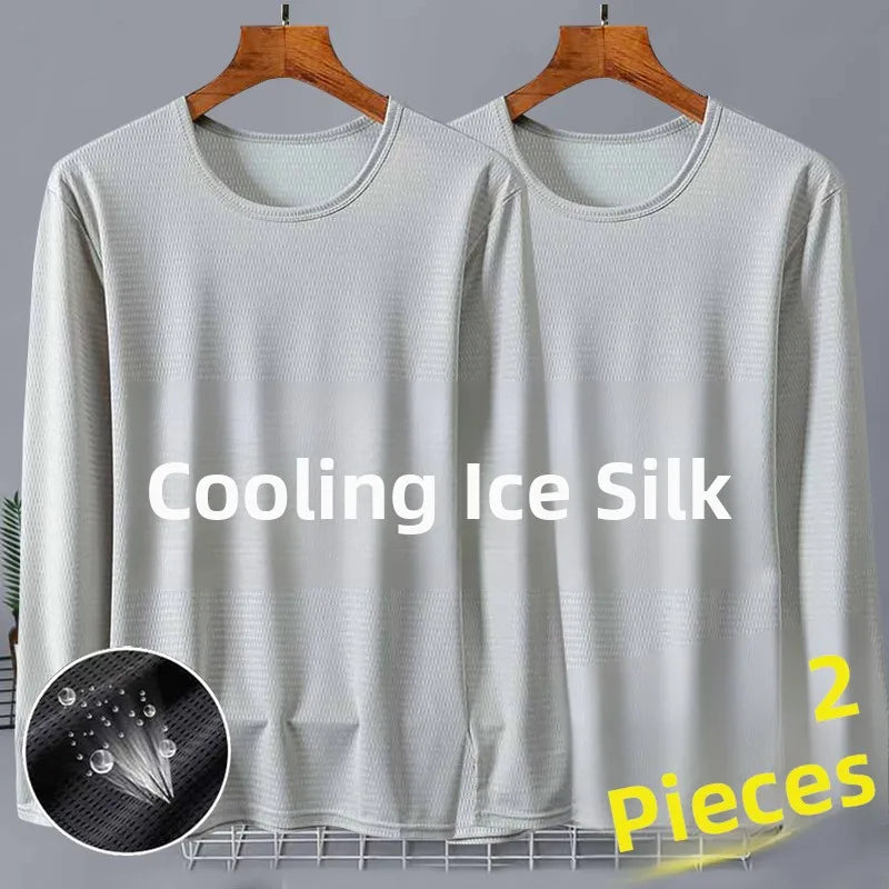 New 2025 Men's Ice Silk Breathable Sun Protection Hollow out Thin Long Sleeve Casual Sports T-Shirt Large Size Loose Fit