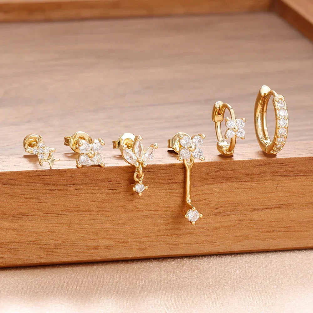 6PCS Fashion Cute Zircon Flower Ear Stud For Women Fashion 18K Gold Plated Star Ear Stud Earring Piercing Girl Set Jewelry Gift