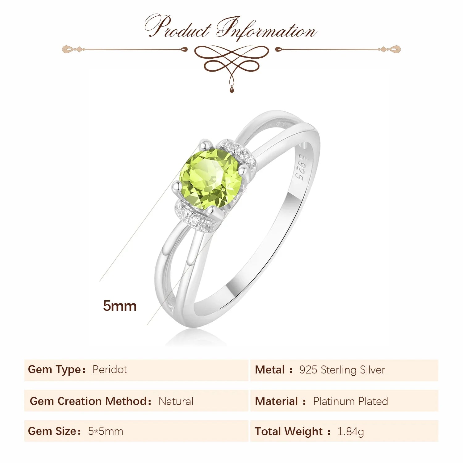 Round Genuine Natural Peridot 925 Sterling Silver Solitaire Ring for Woman Gemstone elegant Jewelry Valentine's day gift