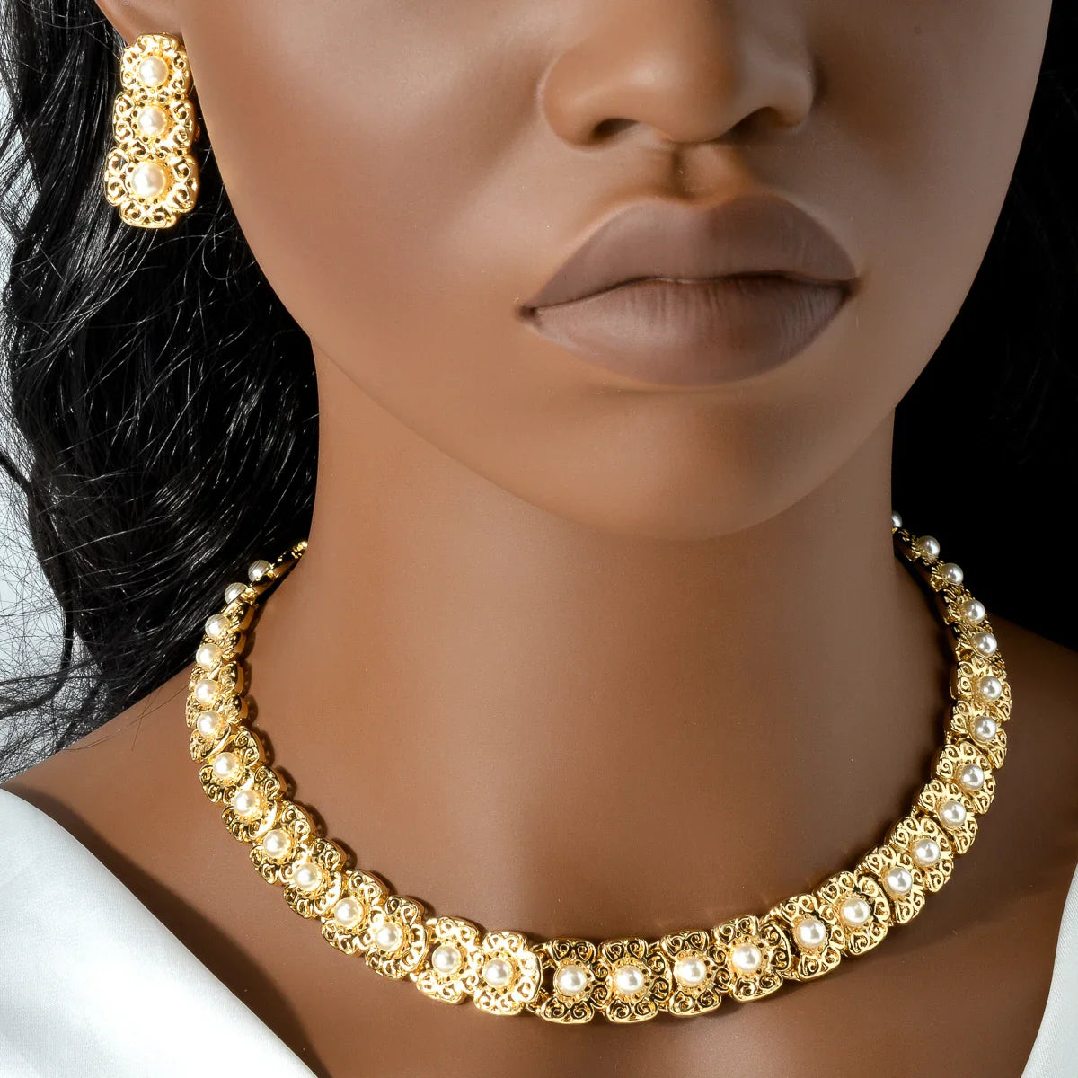 Dubai Luxury Quality Jewelry Set For Women Trend Pearl Necklace Bracelet Ring Earrings Jewelry Set 18k Gold Plated Jewelry