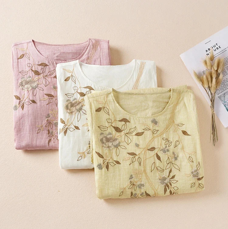 Summer New Hemp Dr Embroidered round Ne Five-Quarter Sve Fairy Beautiful Long Women's Dr New Chinese Sle