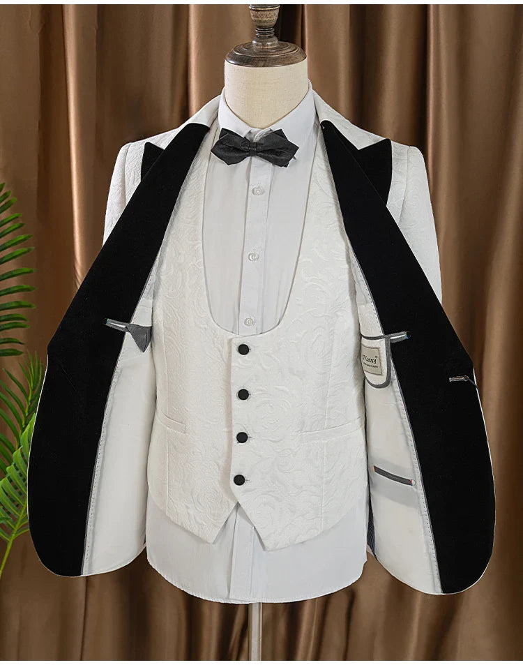 3-piece set man suit（Jacket+vest+pants）groom's wedding suit set men's white slim fit shawl collar‌ evening gown full set