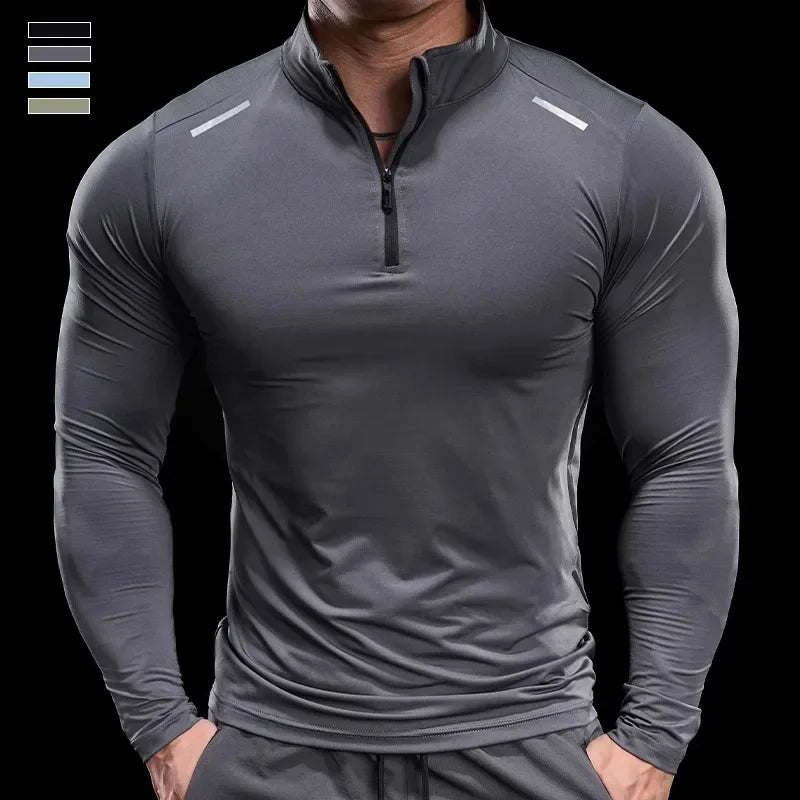 Men Long Sleeve Stand Collar Zipper T-shirt Gym Running Training Fitness Bodybuilding Sport Top Quality Elastic Tight Tops Tees