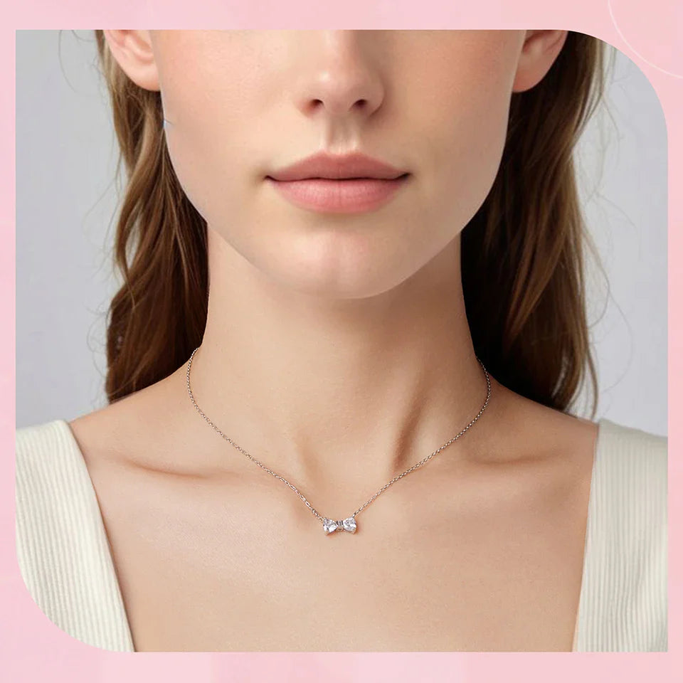 925 Sterling Silver Full Zircons Bow Pendant Necklace Sweet Bowknot Link Chain for Women Girls Birthday Gift Fine Jewelry