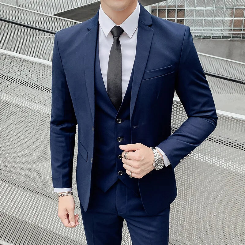 Solid Color Suit Men's Fashionable Gentleman Business Banquet Korean-style Formal Dress Casual Wedding (Blazer+Vest+Trousers)