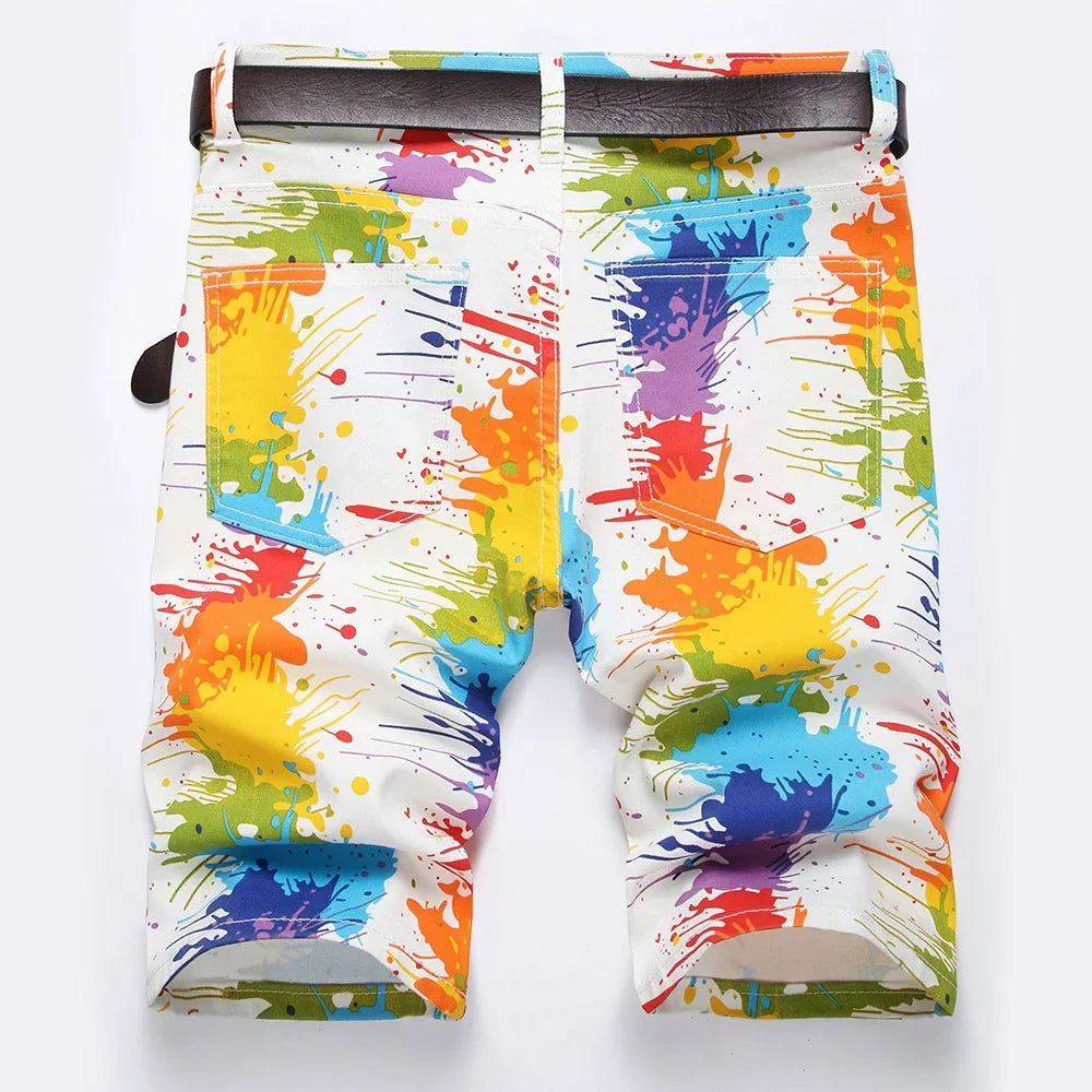 Men Fancy Color Painted Shorts Summer Y2K Stretch Denim Breeches Digital Print White Jeans