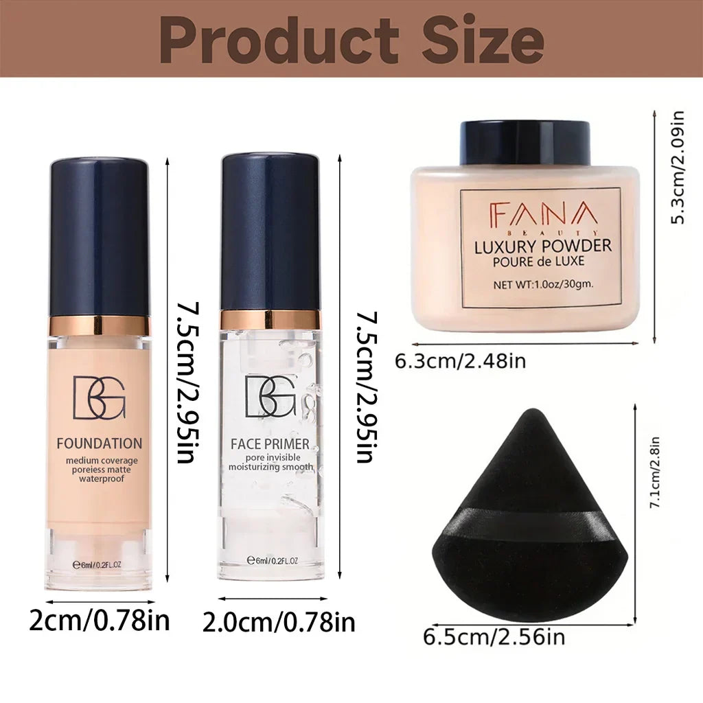 4-Pcs Set Face Makeup Bundle - Smoothing Primer, Matte Foundation, Setting Powder with Puff - Long-Lasting Waterproof Value Pack
