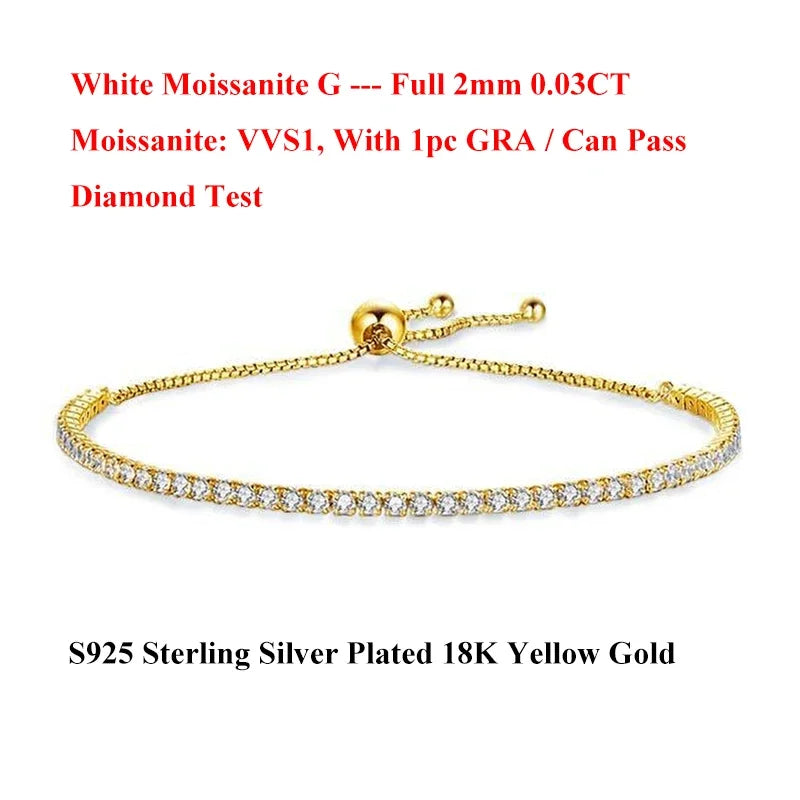 Full 2mm Moissanite Diamond Tennis Bracelet for Woman Man Certified s925 Silver Plated 18K Adjustable Link Chain Bracelets