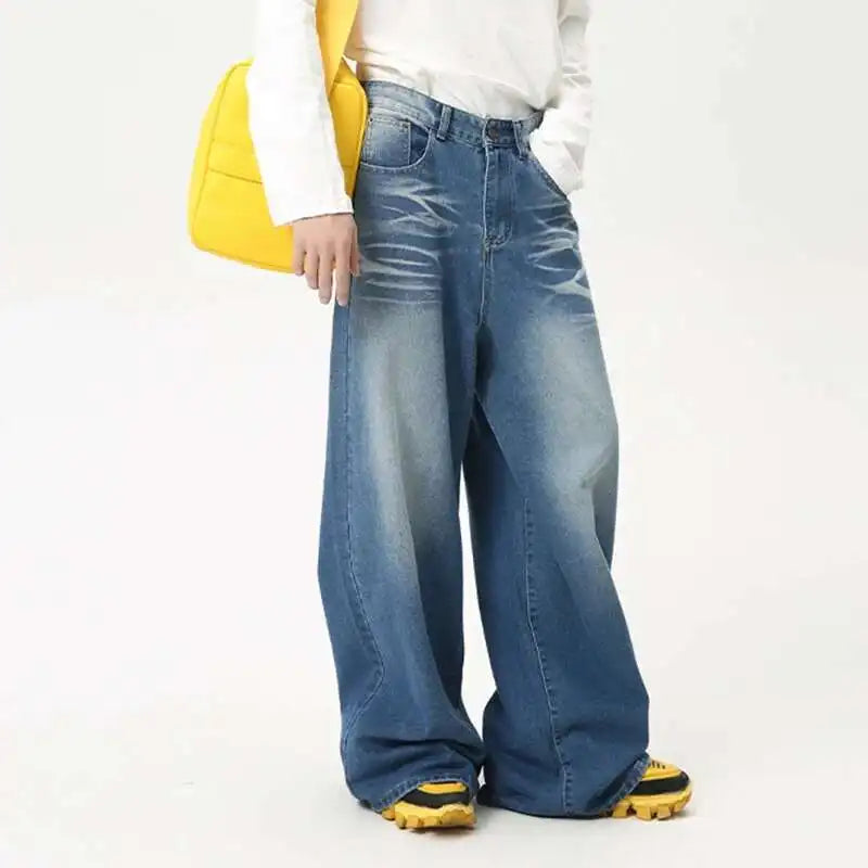 IEFB High Street Men's Jeans New Summer Water Washed Folded Draping Wide Leg Trendy Denim Pants Spring Casual Straight 9C6100