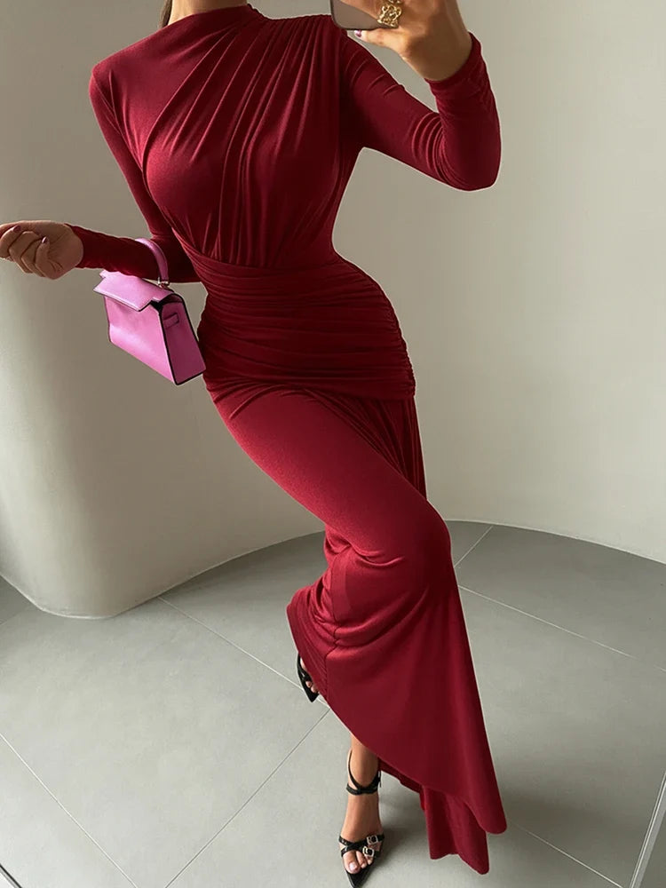 Sisterlinda Folds Maxi Dress Women O-Neck Full Sleeve Solid Banquet Elegant Vacation Fashion Autumn Skinny Casual Simple Vestido