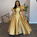 Elegant Dress for Women's Puff Sleeve Square Collar Gold Solid Pleated A-line Evening Party Cocktail Maxi Dresses