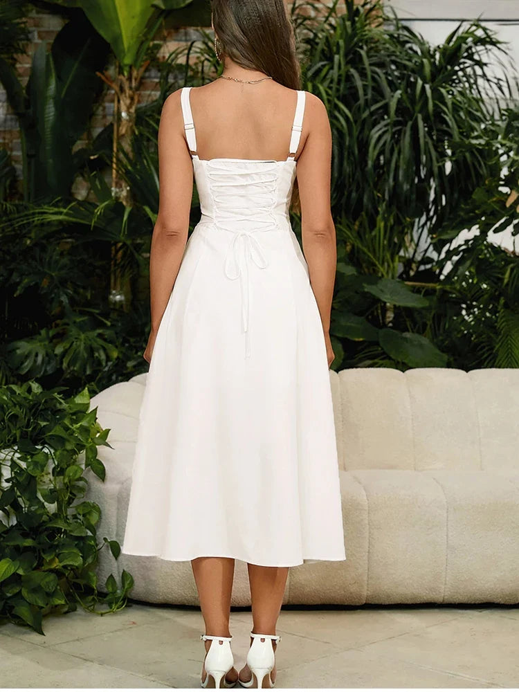 NewAsia Summer Sweet Solid Sleeveless Long Dress Women Fashion Bandage Camisole Dresses Padded Boned Robe Elegant Party Vestidos