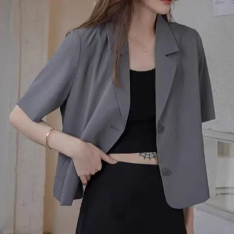 Short-sleeve Blazers Women Temperament Outwear Summer Baggy Office Lady Chic Simple All-match Streetwear Fashion Notched Classic