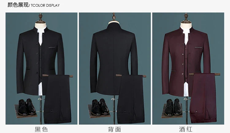 Suit (Blazer+ Vest + Pants) Men's Fashion Gentleman Business Outdoor Standing Collar Gentleman Wedding Work Casual MAO Suit