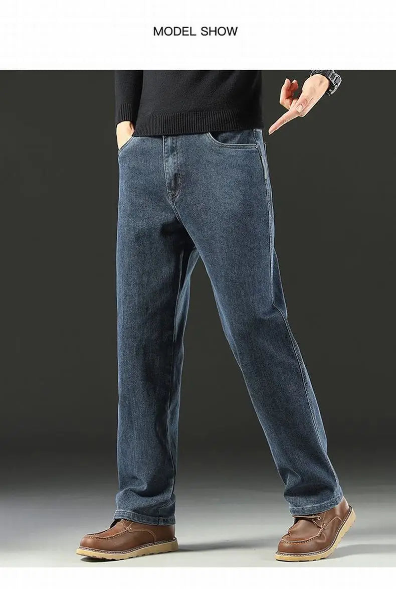 Men's Spring Autumn Soft Baggy Jeans Casual Straight Stretch Wide-Leg Business Denim Pants Versatile Comfortable Loose Trousers