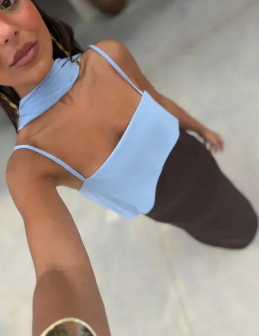 Fashion Color Block Spaghetti Strap Maxi Dress Women Elegant Halter Scarf  High Split Slim Vestidos 2026 New Daily Party Robes