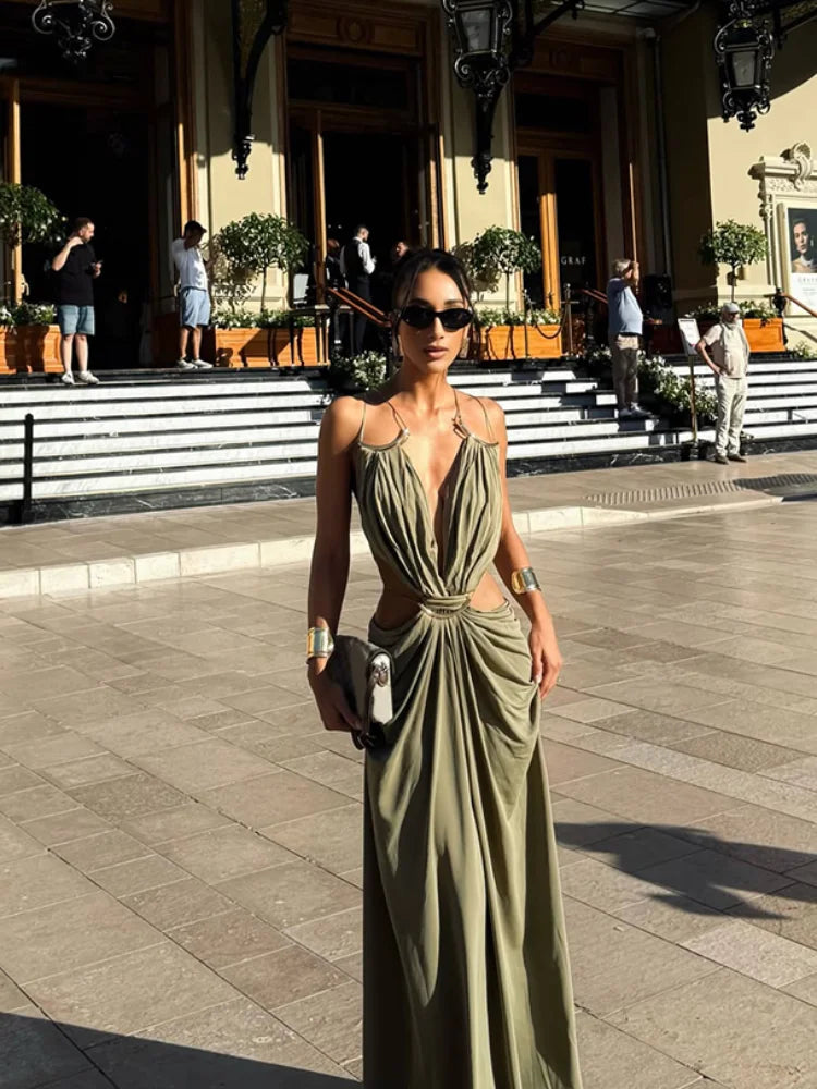 Women's Metal Trim Spaghetti Strap Maxi Dress Sexy Deep V Cutout Waist Crisscross Backless Vestidos Beach Evening Party Gown