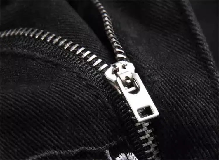 Punk Style Men's Slim Fit Straight Leg Denim Jeans Black Hole Patch Embroidery No Stretch Fashion Urban Casual Cotton Polyest...