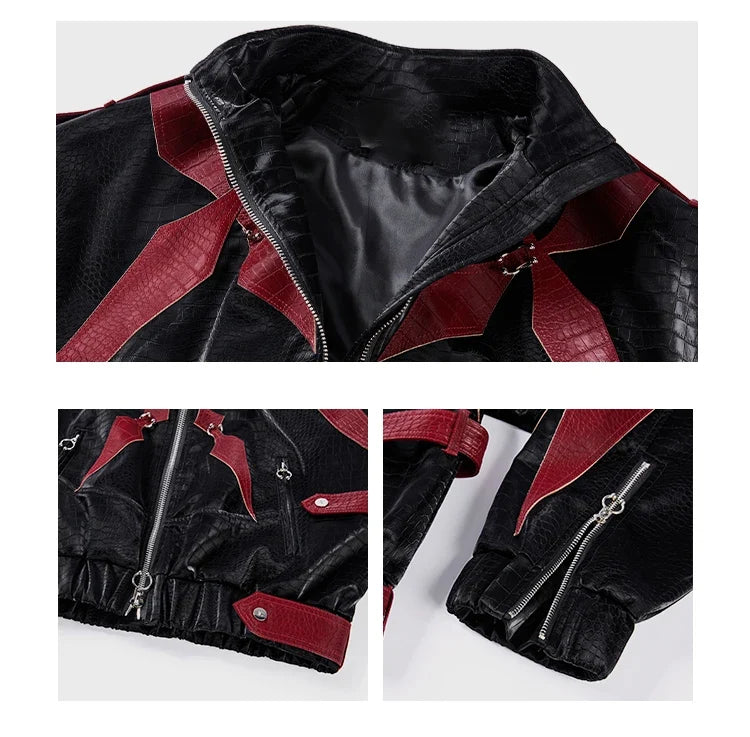 Spring Autumn Cool Handsome Crocodile Print Patchwork Pu Leather Jacket Men Color Block Luxury Designer Clothes 2024
