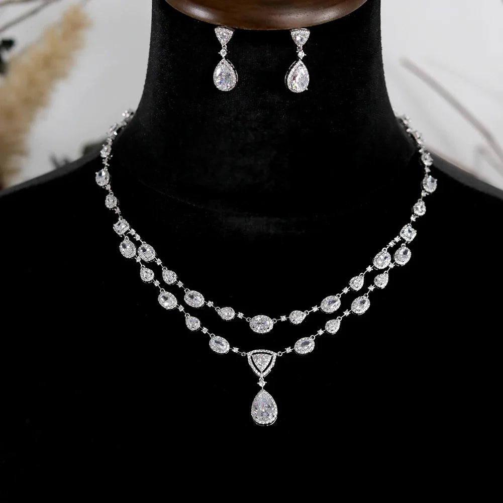 White Transparent Two-layer Water Drop 2PCS Crystal Necklace and Earring Zircon Jewelry Sets Wedding Party Bridal Accessories