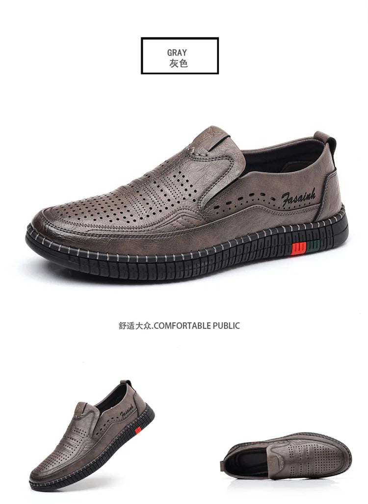 Summer New Breathable Hallow Leather Shoes for Men Solid Color Fashion Casual Driving Shoes Male Low Top Flat Shoes Man