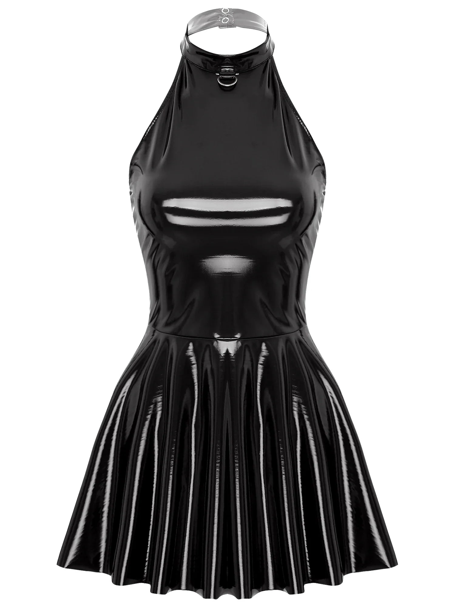 Womens Glossy Patent Leather Glossy Mini Skater Dress Halter Backless Bodycon Lingerie A-Line Dresses Rave Disco Party Clubwear