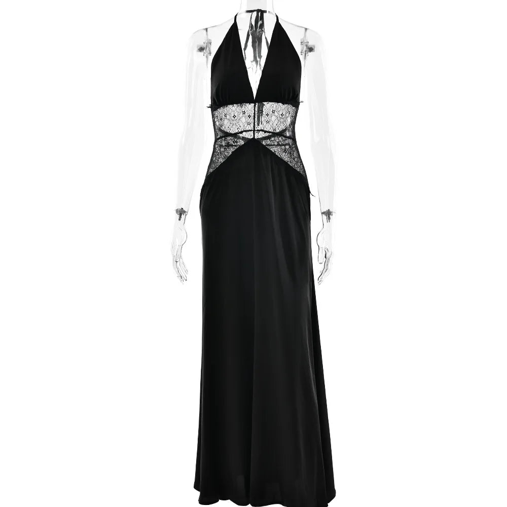 Sexy Deep V-neck Backless Lace Patchwork Satin Dresses for Women 2026 Summer Halter Sleeveless Long Maxi Party Evening Dress
