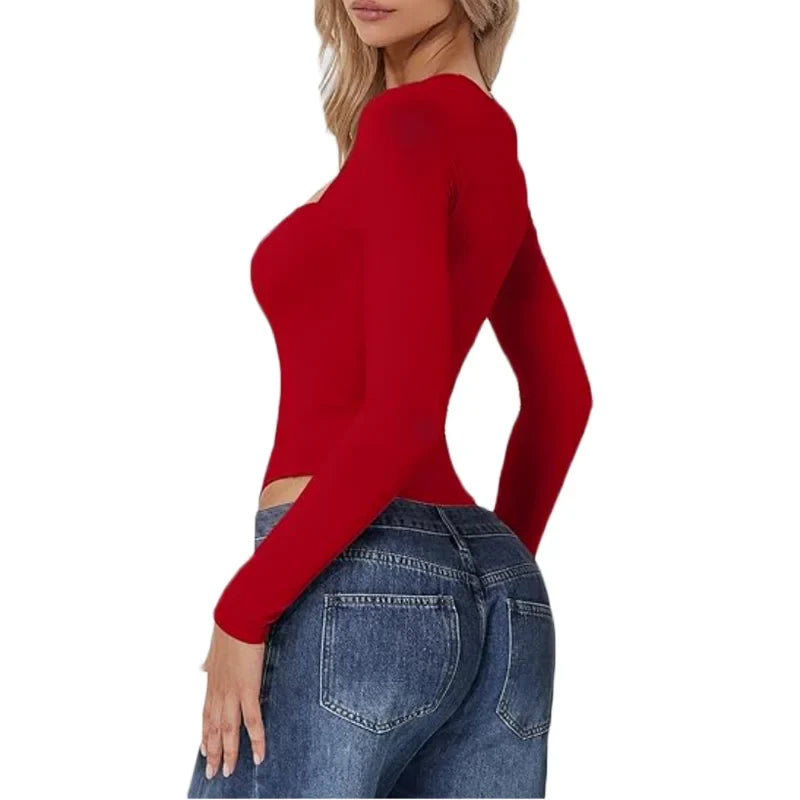 GUUDIA Open Crotch Big U Neck Seamless Bodysuit Long Sleeve Spandex Elastic Body Suit Shapewear Tummy Control Waist Shapers