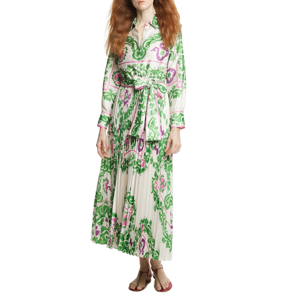 Elegant Women's Printing Dresses Lace Up Neck Long Sleeve Elegant Dress 2024 New Autumn Robe Midi Shirt Dress